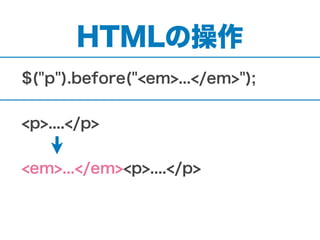 HTMLの操作
$("p").before("<em>...</em>");
<p>....</p>
<em>...</em><p>....</p>
 