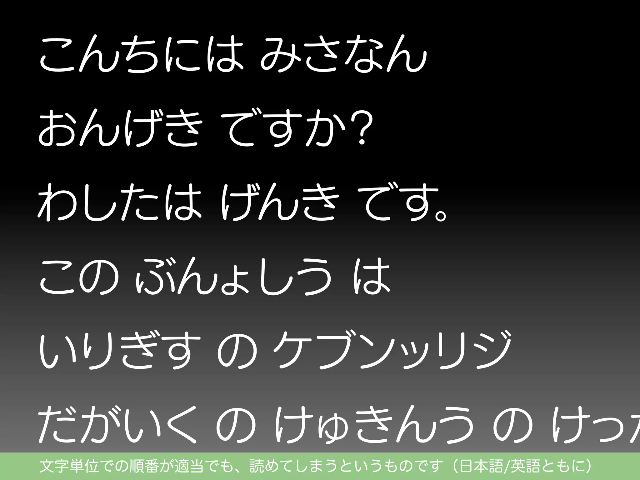 文字単位での順番が適当でも、読めてしまうというものです（日本語/英語ともに）

 