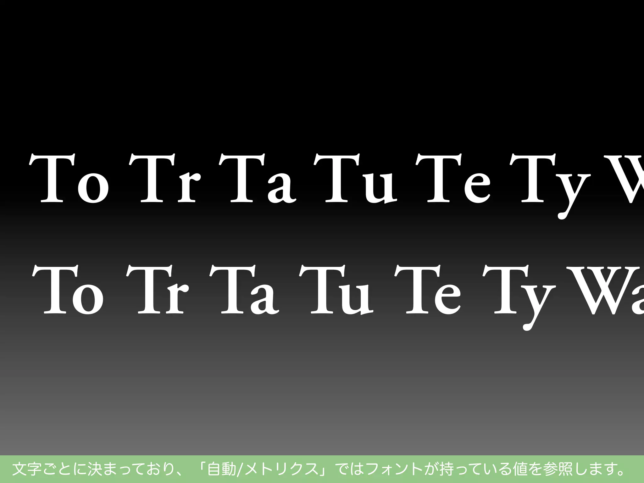 文字ごとに決まっており、「自動/メトリクス」ではフォントが持っている値を参照します。

 