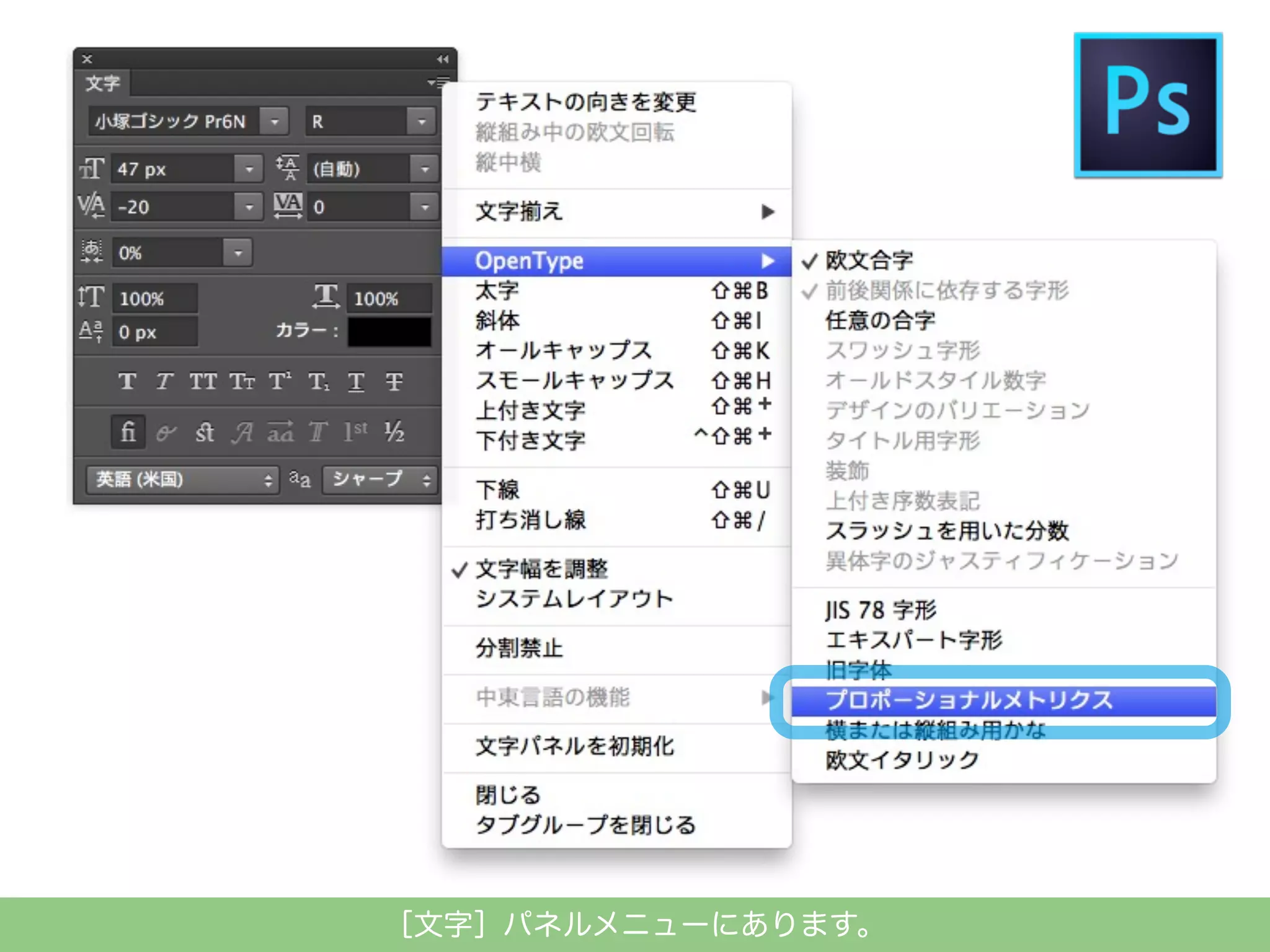 ［文字］パネルメニューにあります。

 