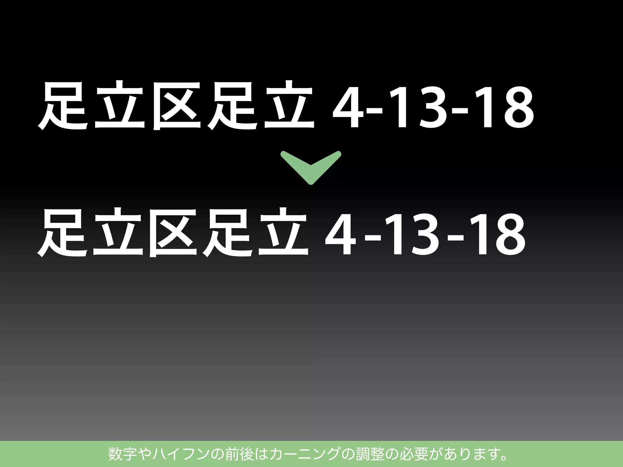 数字やハイフンの前後はカーニングの調整の必要があります。

 