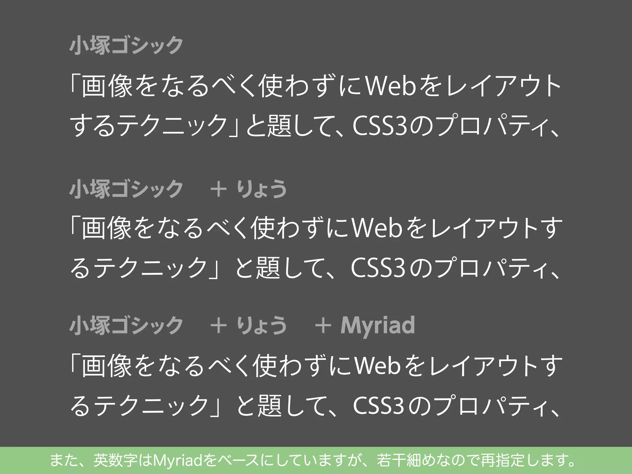 小塚ゴシック

「画像をなるべく使わずにWebをレイアウト

するテクニック」
と題して、
CSS3のプロパティ、
Typekitを使ったWeb Fontsの実装を解説。
小塚ゴシック

＋り
ょう

「画像をなるべく使わずにWebをレイアウトす
るテクニック」と題して、CSS3のプロパティ、
小塚ゴシック

＋り
ょう

＋ Myriad

「画像をなるべく使わずに Web をレイアウトす
るテクニック」と題して、CSS3 のプロパティ、
また、英数字はMyriadをベースにしていますが、若干細めなので再指定します。

 