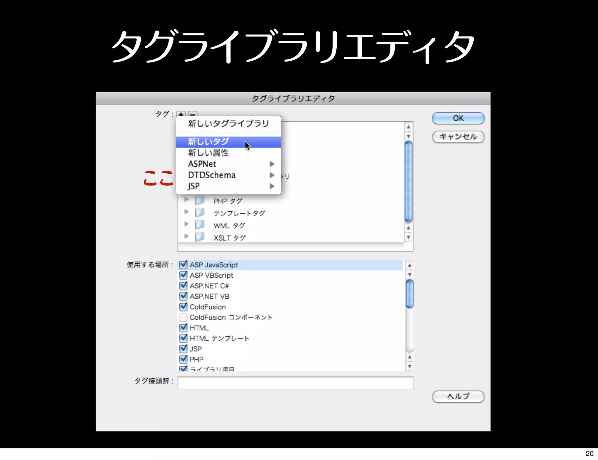 ここをクリック
タグライブラリエディタ
20
 