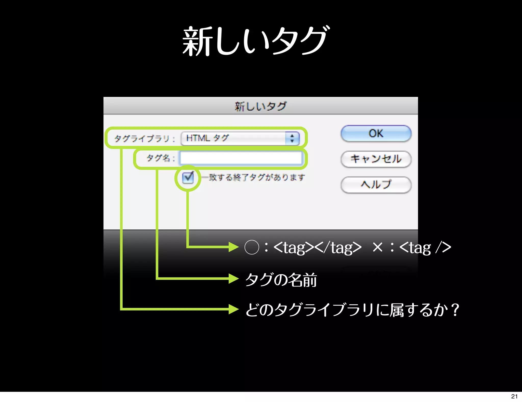 新しいタグ
⃝：<tag></tag> ×：<tag />
タグの名前
どのタグライブラリに属するか？
21
 
