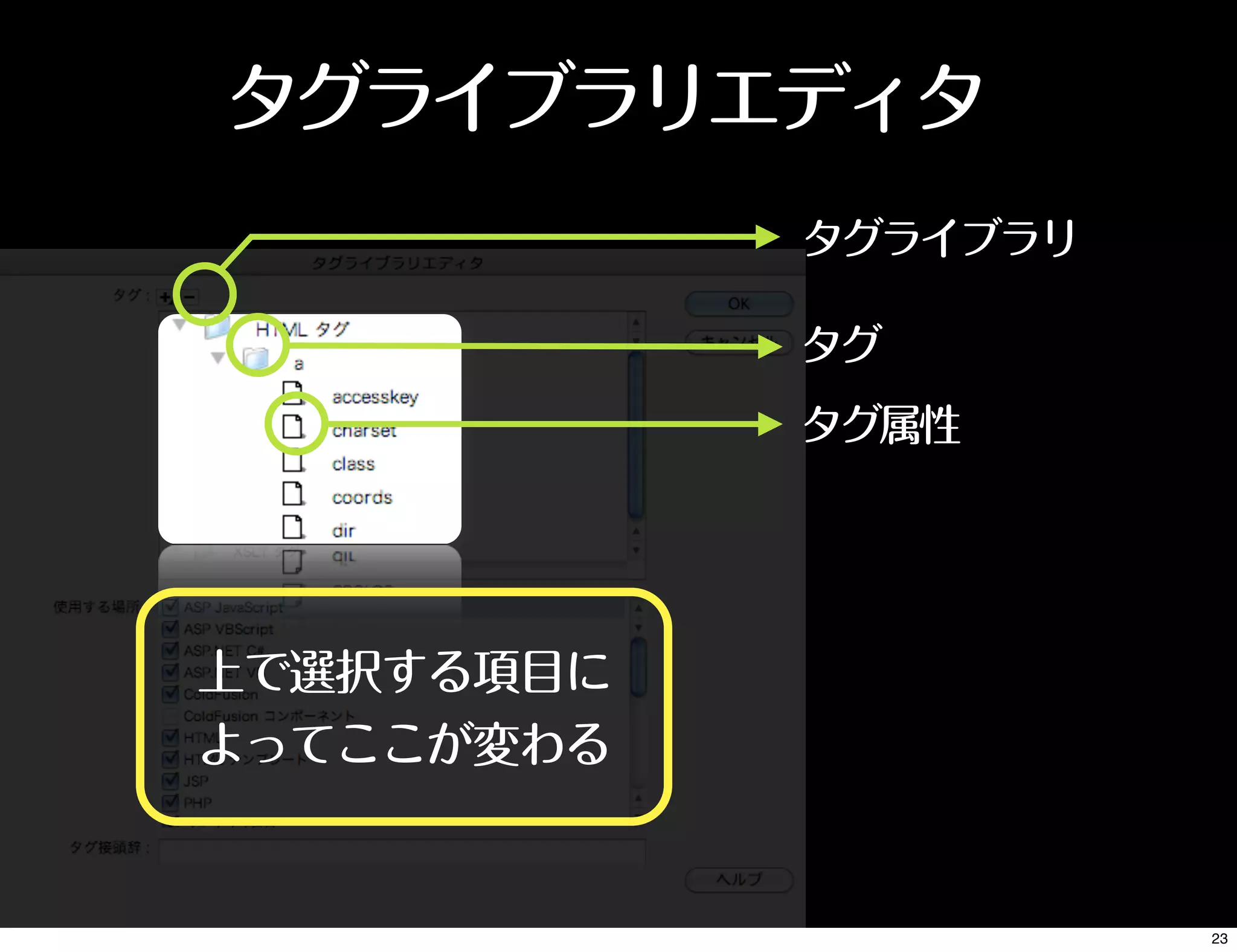 上で選択する項目に
よってここが変わる
タグライブラリ
タグ
タグ属性
タグライブラリエディタ
23
 