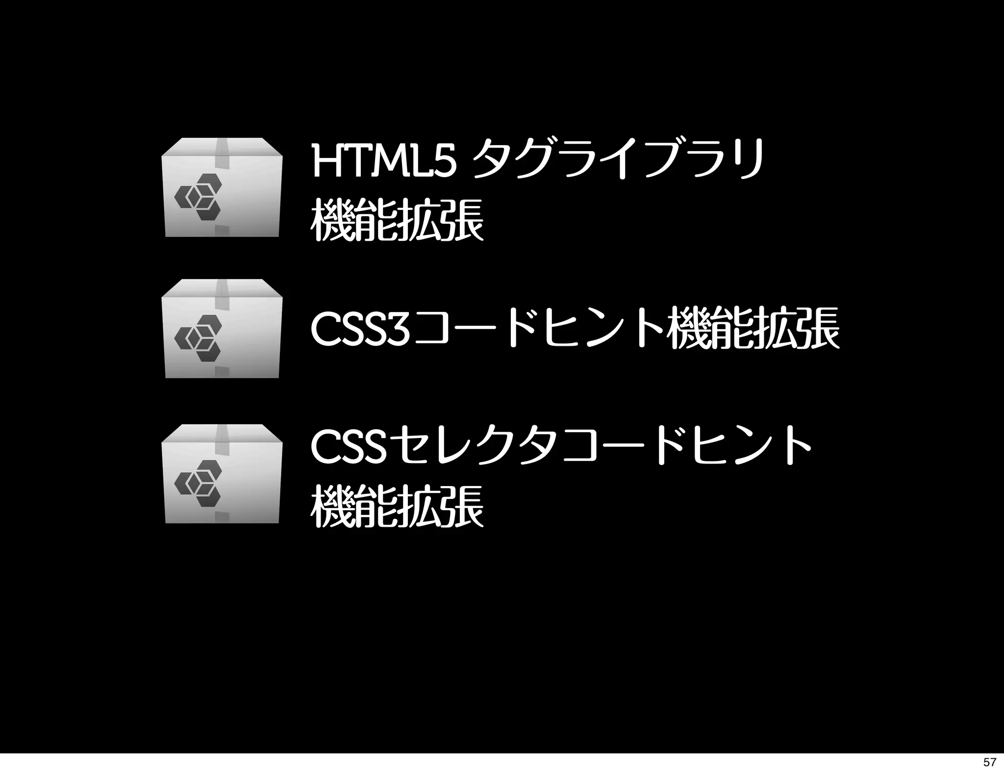 HTML5 タグライブラリ
機能拡張
CSS3コードヒント機能拡張
CSSセレクタコードヒント
機能拡張
57
 