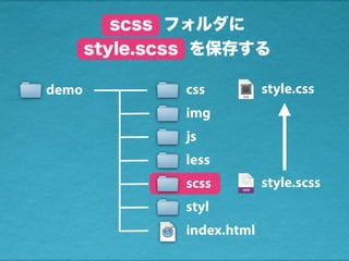 scss フォルダに
style.scss を保存する
style.scss
style.cssdemo css
img
js
less
scss
styl
index.html
 