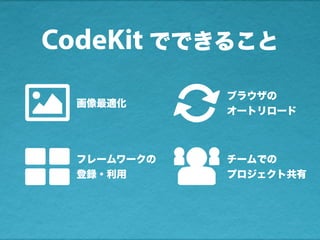 CodeKit でできること
画像最適化
フレームワークの
登録・利用
ブラウザの
オートリロード
チームでの
プロジェクト共有
 