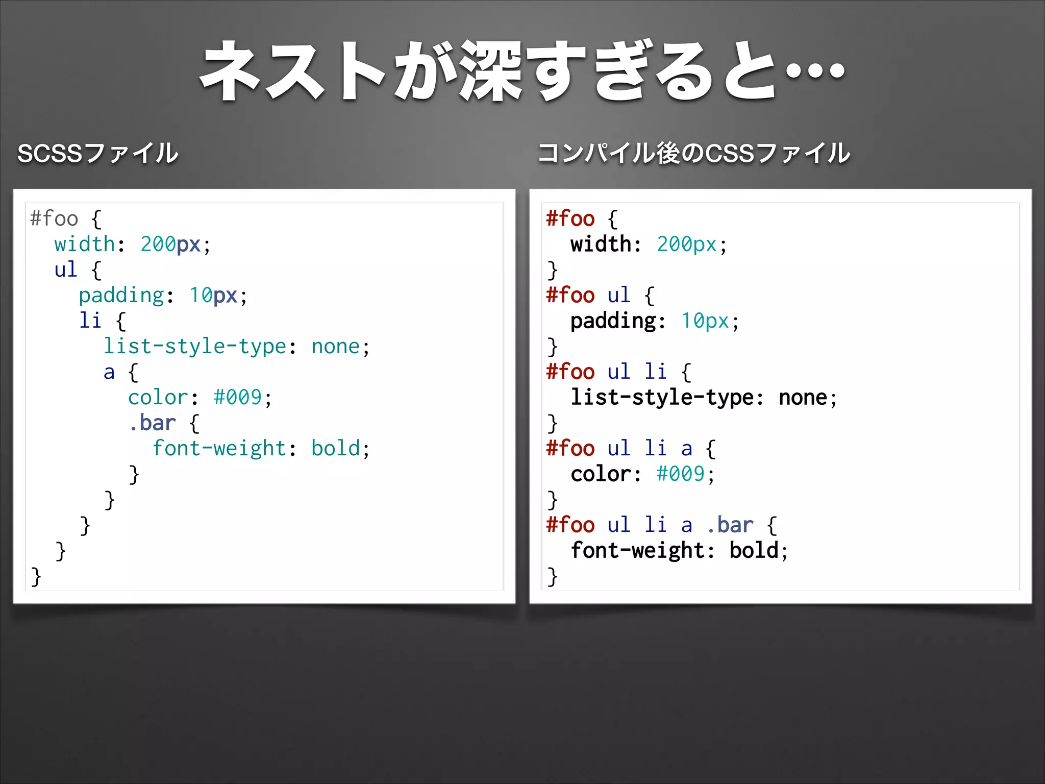 ネストが深すぎると…
#foo {
width: 200px;
ul {
padding: 10px;
li {
list-style-type: none;
a {
color: #009;
.bar {
font-weight: bold;
}
}
}
}
}
SCSSファイル
#foo {
width: 200px;
}
#foo ul {
padding: 10px;
}
#foo ul li {
list-style-type: none;
}
#foo ul li a {
color: #009;
}
#foo ul li a .bar {
font-weight: bold;
}
コンパイル後のCSSファイル
 