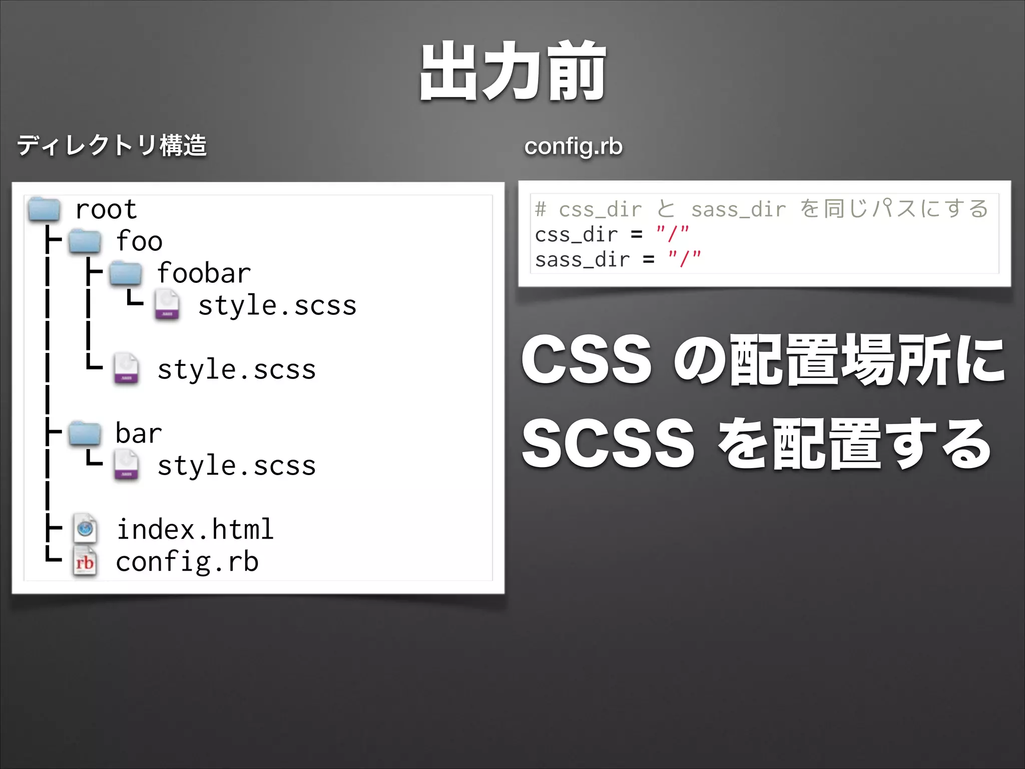 出力前
ディレクトリ構造
# css_dir と sass_dir を同じパスにする
css_dir = "/"
sass_dir = "/"
conﬁg.rb
CSS の配置場所に 
SCSS を配置する
root
┃┃
┃
┃
foo┣
foobar┣┃
style.scss┃┃ ┗
┃ style.scss┗
bar┣
style.scss┗┃
index.html┣
config.rb┗
 