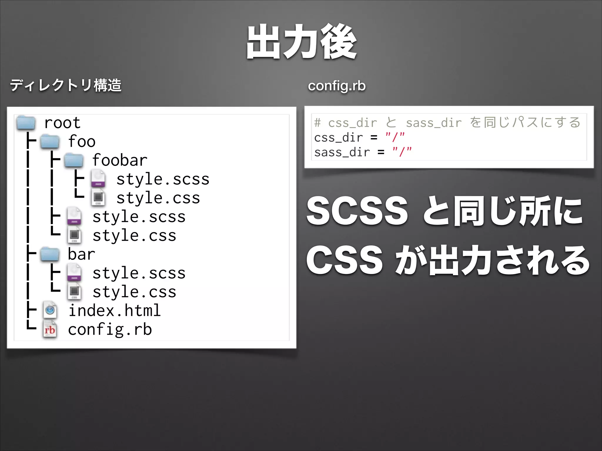 出力後
ディレクトリ構造
# css_dir と sass_dir を同じパスにする
css_dir = "/"
sass_dir = "/"
conﬁg.rb
root
foo┣
foobar┣┃
style.scss┃┃ ┣
┃┃ style.css┗
┃ style.scss┣
┃ style.css┗
bar┣
style.scss┣┃
style.css┗┃
index.html┣
config.rb┗
SCSS と同じ所に 
CSS が出力される
 