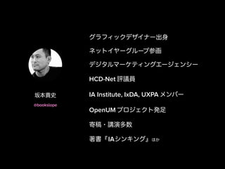 グラフィックデザイナー出身
ネットイヤーグループ参画
デジタルマーケティングエージェンシー
HCD-Net 評議員
IA Institute, IxDA, UXPA メンバー
OpenUM プロジェクト発足
寄稿・講演多数
著書『IAシンキング...