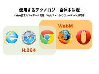 使用するテクノロジー自体未決定
video要素のコーデック問題、Webフォントのフォーマット採用率



                    WebM




   H.264
 