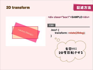 2D transform                        ӛ

               <div class="box1">SAMPLE</div>


               CSS

                 .box1 {
                    transform: skewX(15deg);
                 }




                         XS15
                         Aб
 