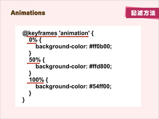 Animations ץѥƥ                  ӛ


 animation-name
 @keyframesǌgФ˥`ǰָ




 animation-duration
 @keyframesǌgФ˥`ȫLָ
 ?s
 ?msߥ



                                
                                Τ
                                O 
                                  
 