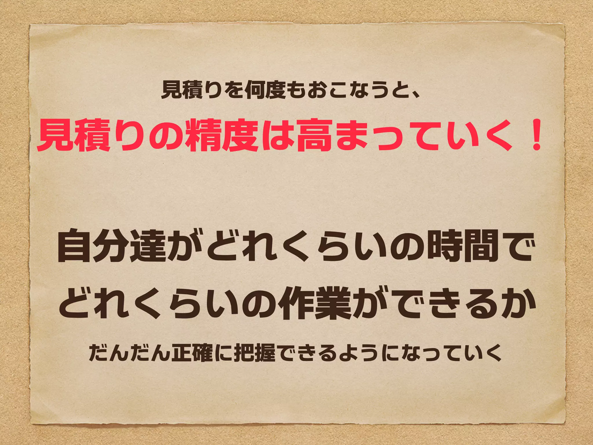 見積りを何度もおこなうと、

見積りの精度は高まっていく

自分達がどれくらいの時間で
どれくらいの作業ができるか
だんだん正確に把握できるようになっていく
 