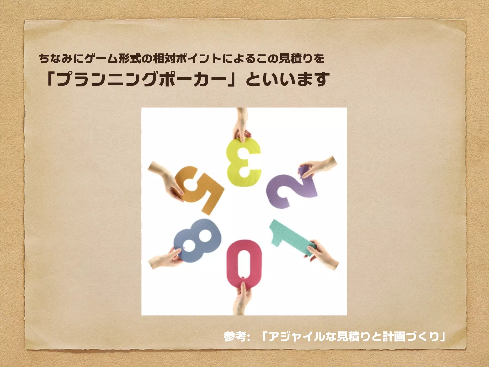 ちなみにゲーム形式の相対ポイントによるこの見積りを

「プランニングポーカー」といいます




                参考: 「アジャイルな見積りと計画づくり」
 