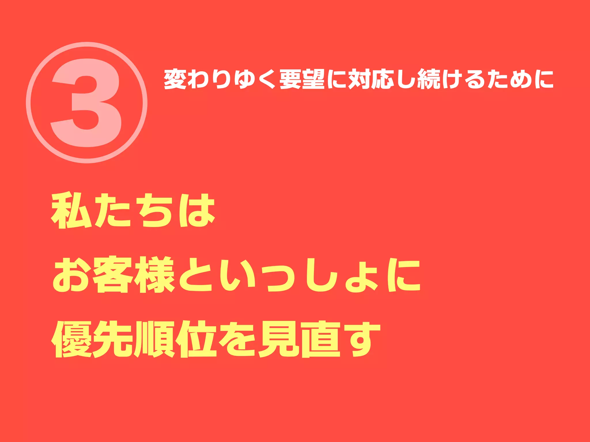 ③   変わりゆく要望に対応し続けるために




私たちは
お客様といっしょに
優先順位を見直す
 