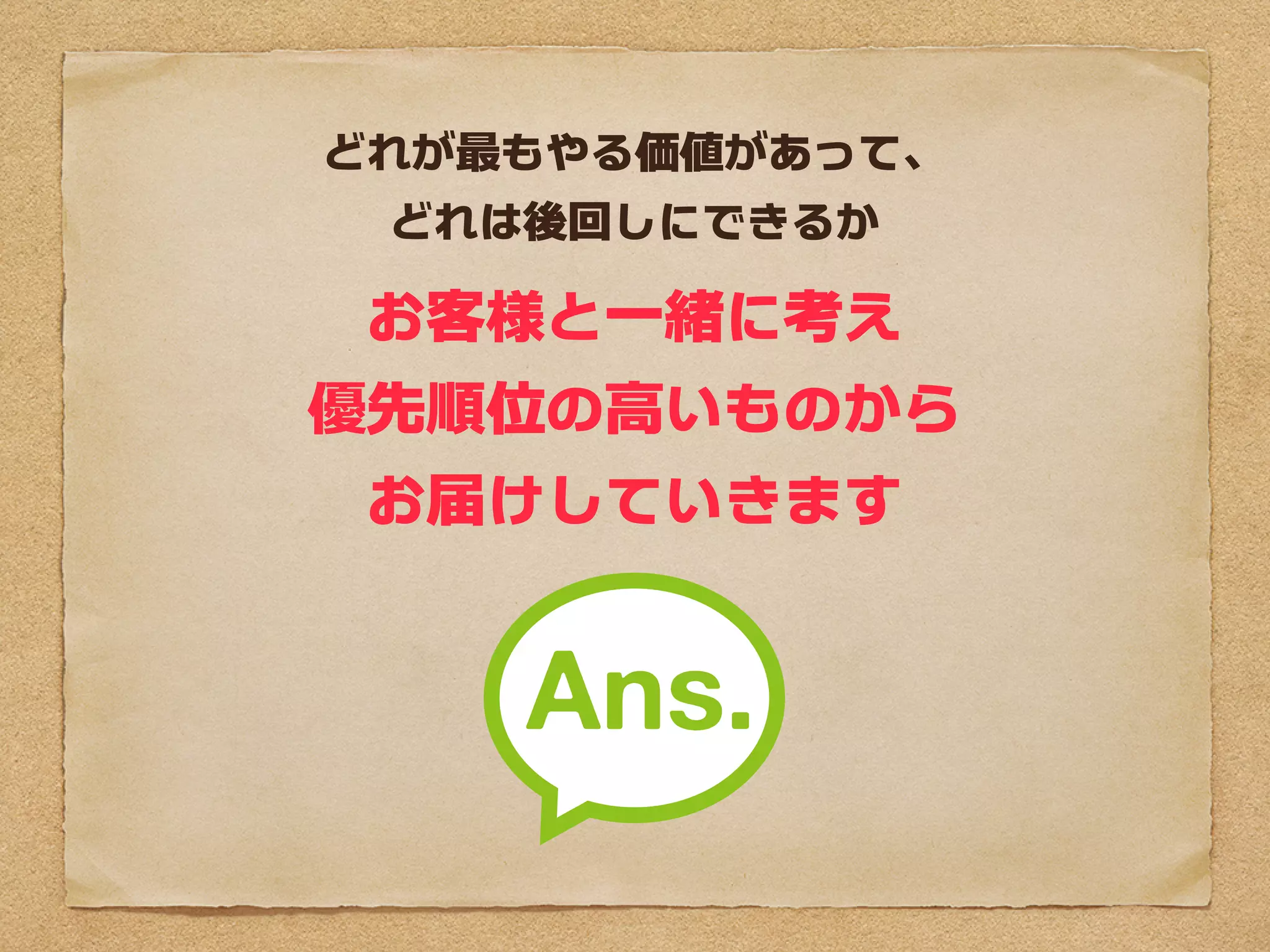 どれが最もやる価値があって、
 どれは後回しにできるか

 お客様と一緒に考え
優先順位の高いものから
 お届けしていきます
 