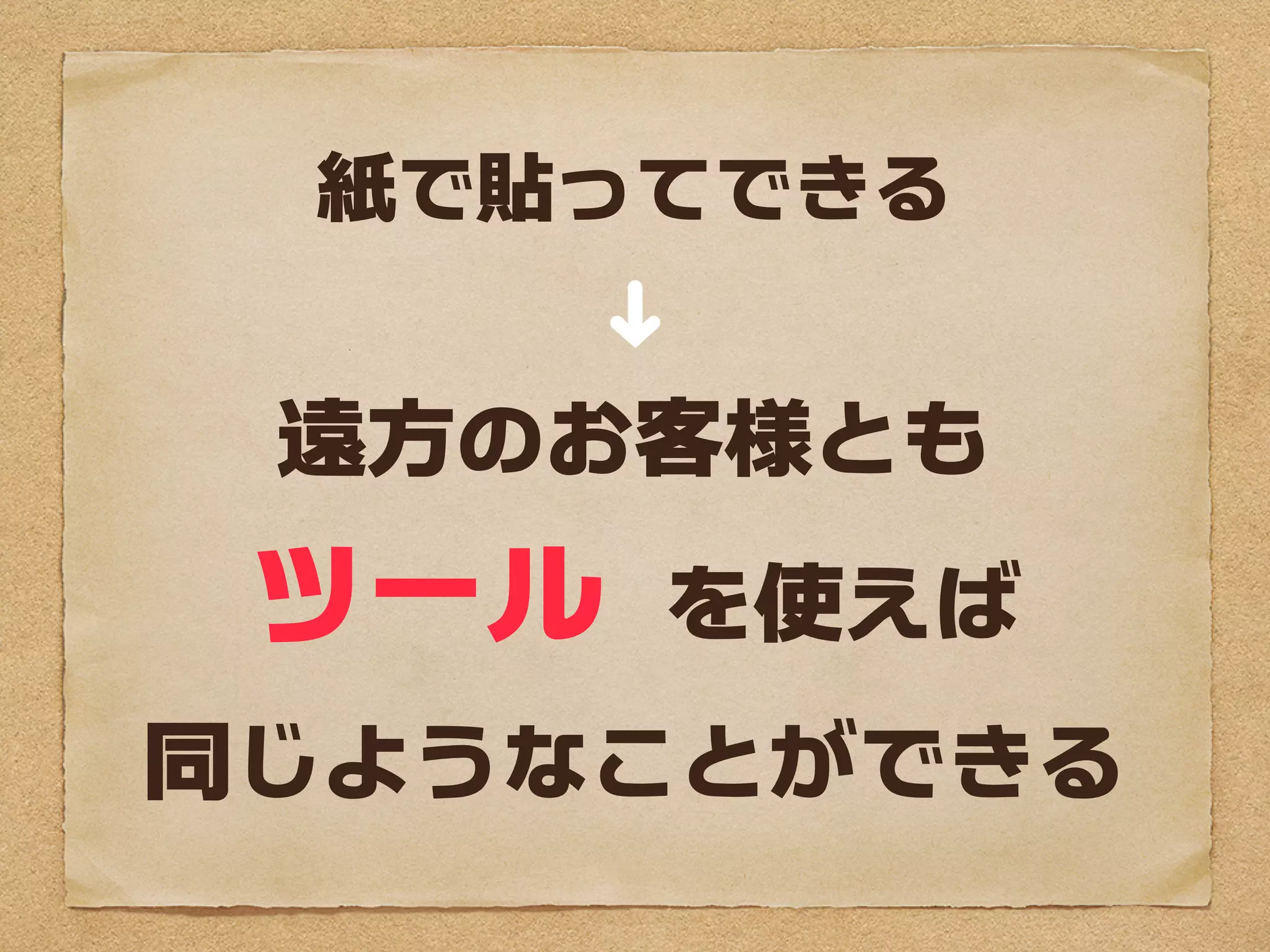 紙で貼ってできる



     ➜
 遠方のお客様とも
 ツール   を使えば
同じようなことができる
 