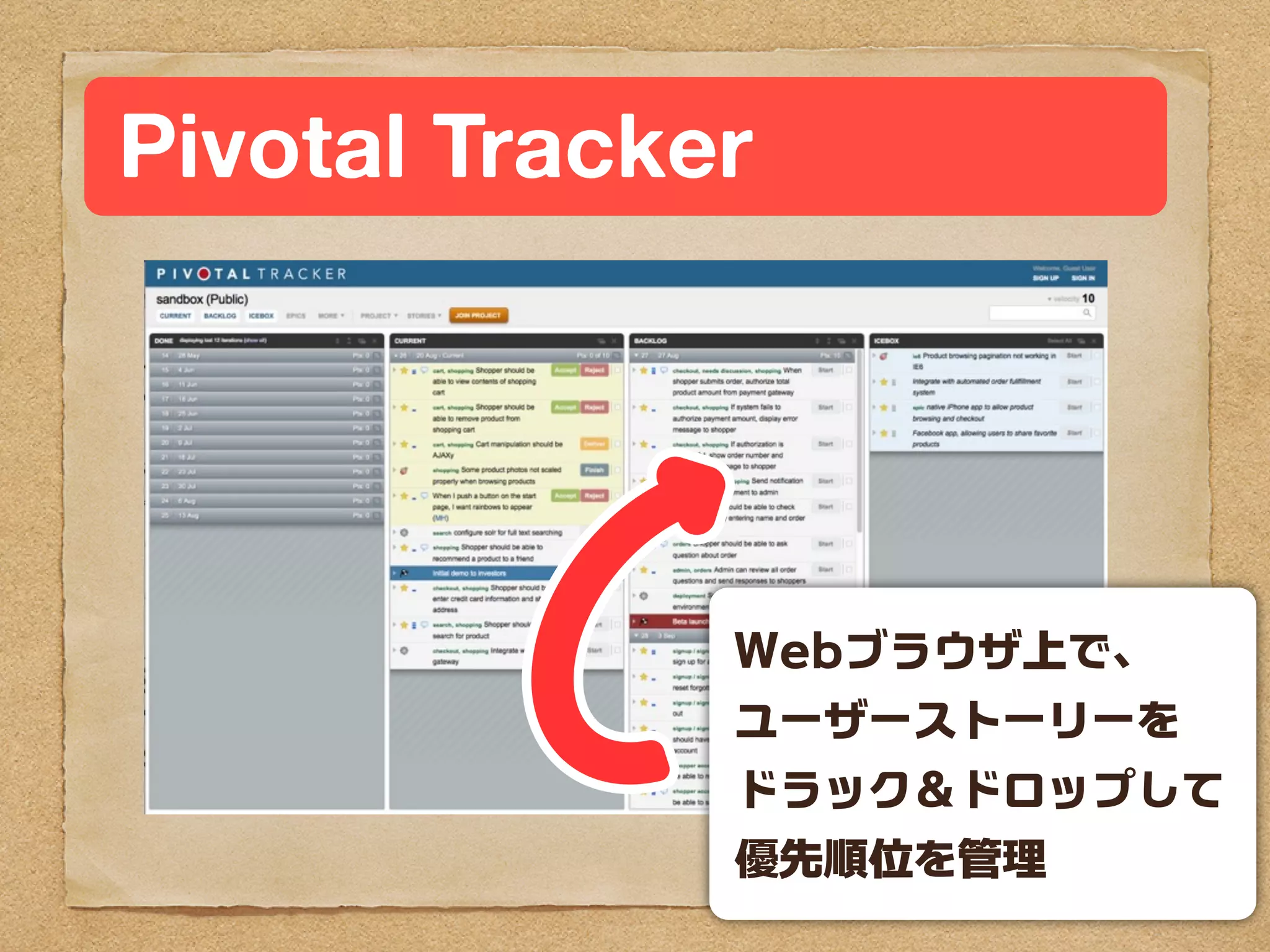 Pivotal Tracker




              Webブラウザ上で、
              ユーザーストーリーを
              ドラック＆ドロップして
              優先順位を管理
 
