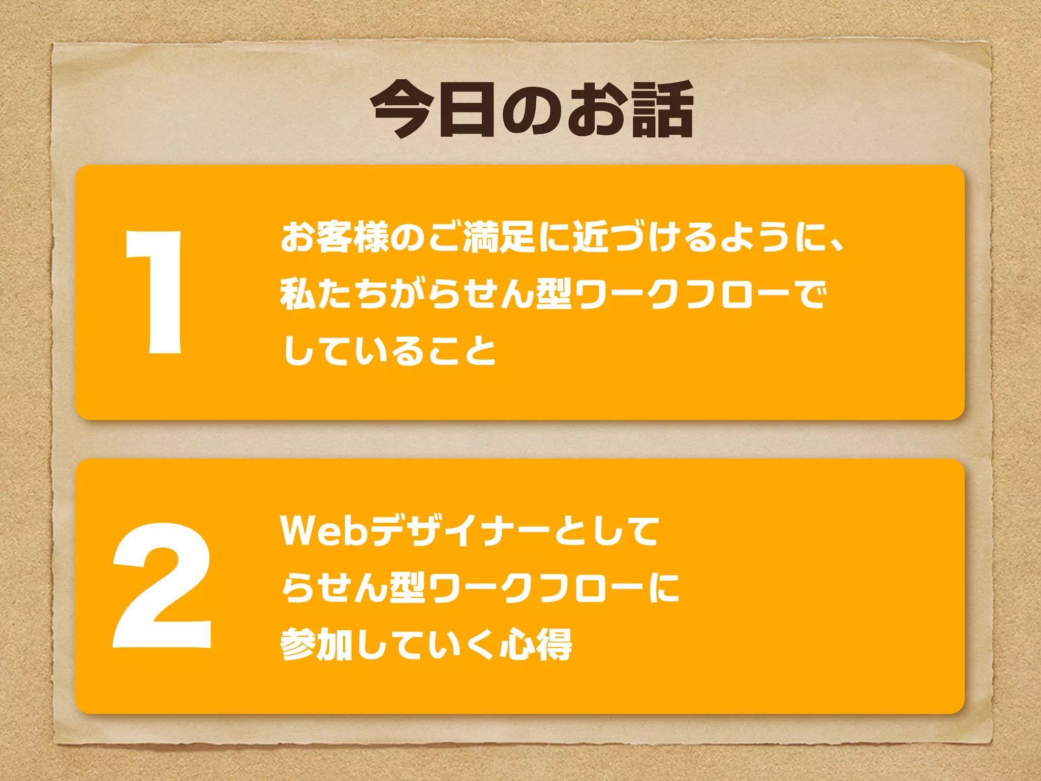 今日のお話
    お客様のご満足に近づけるように、

1   私たちがらせん型ワークフローで
    していること



    Webデザイナーとして

2   らせん型ワークフローに
    参加していく心得
 