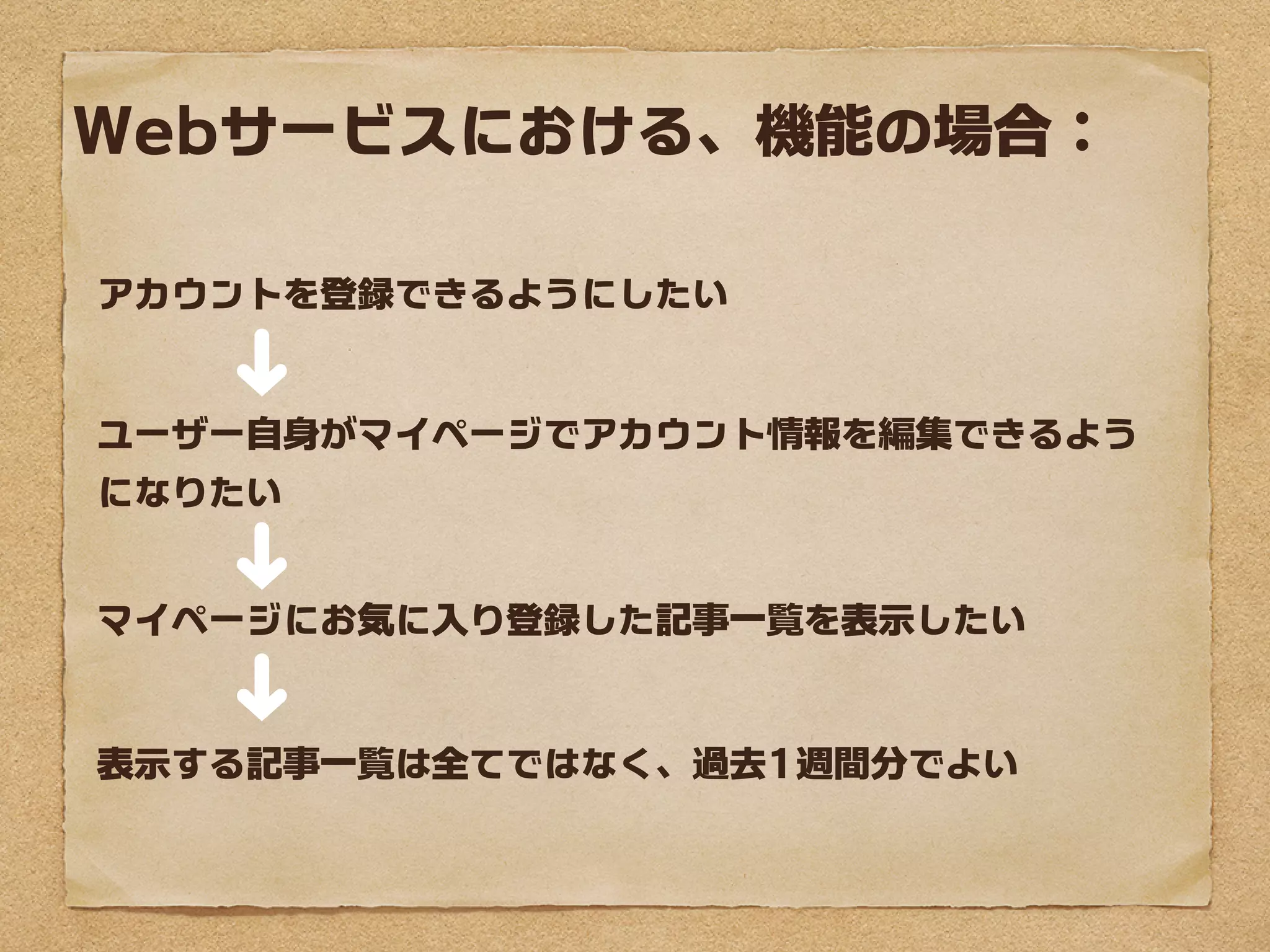 Webサービスにおける、機能の場合：

アカウントを登録できるようにしたい
   ➜

ユーザー自身がマイページでアカウント情報を編集できるよう
になりたい
   ➜ ➜




マイページにお気に入り登録した記事一覧を表示したい


表示する記事一覧は全てではなく、過去1週間分でよい
 