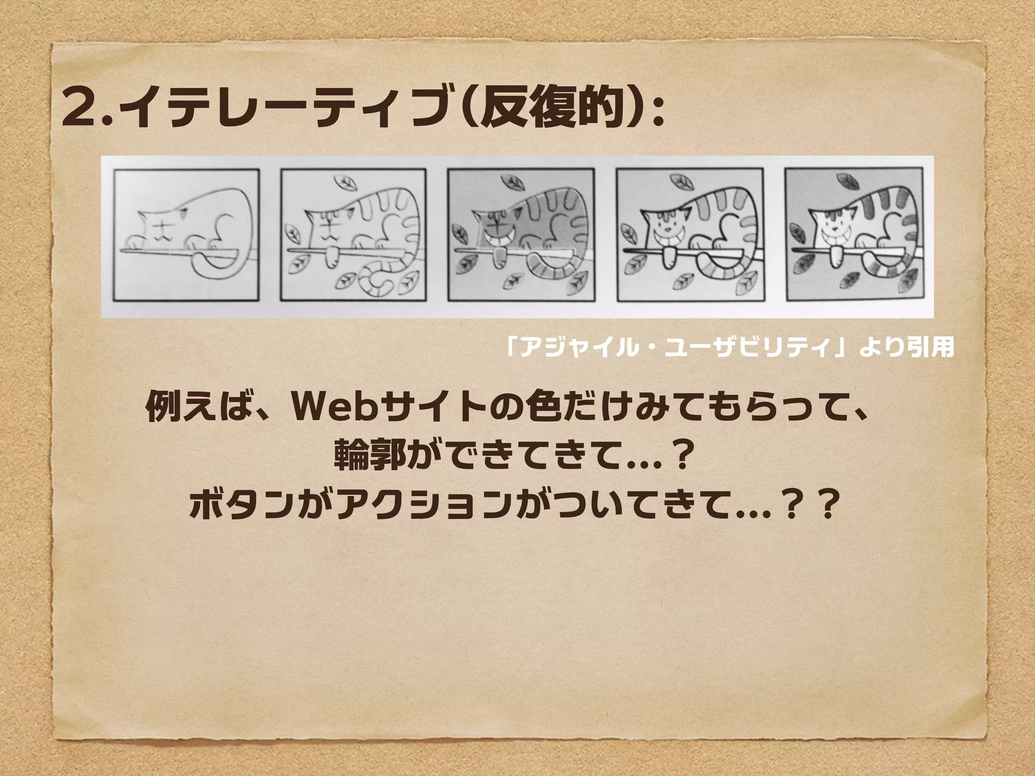 2.イテレーティブ(反復的):



          「アジャイル・ユーザビリティ」より引用

 例えば、Webサイトの色だけみてもらって、
      輪郭ができてきて...？
  ボタンがアクションがついてきて...？？
 