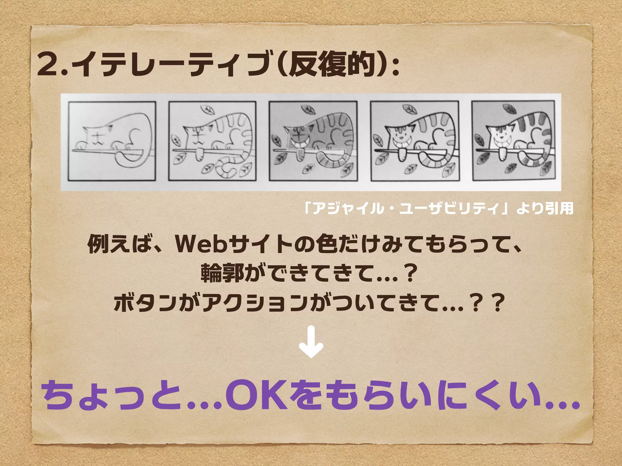 2.イテレーティブ(反復的):



          「アジャイル・ユーザビリティ」より引用

 例えば、Webサイトの色だけみてもらって、
      輪郭ができてきて...？
  ボタンがアクションがついてきて...？？
          ➜

ちょっと...OKをもらいにくい...
 