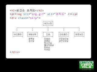 <h2>보건소 조직도</h2>
<p><img src=”org.gif” alt=”조직도” /></p>
<div class=”skip”>
</div>
 