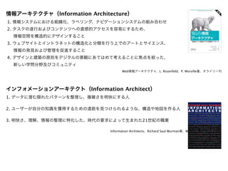 Information Architecture
1.
2.


3.


4.


                             Web                      L. Rosenfeld   P. Morville




                Information Architect
1.

2.

3.                                        21

                      Information Architects   Richard Saul Wurman      Watson-Guptill Pubns
 