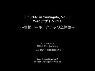 CSS Nite in Yamagata, Vol. 2
     Web                     IA




           2010-05-08
                 @ahaseg
                 @concentinc



         tag: #cssniteymgt2
     slideshare tag: cssnite, ia
 