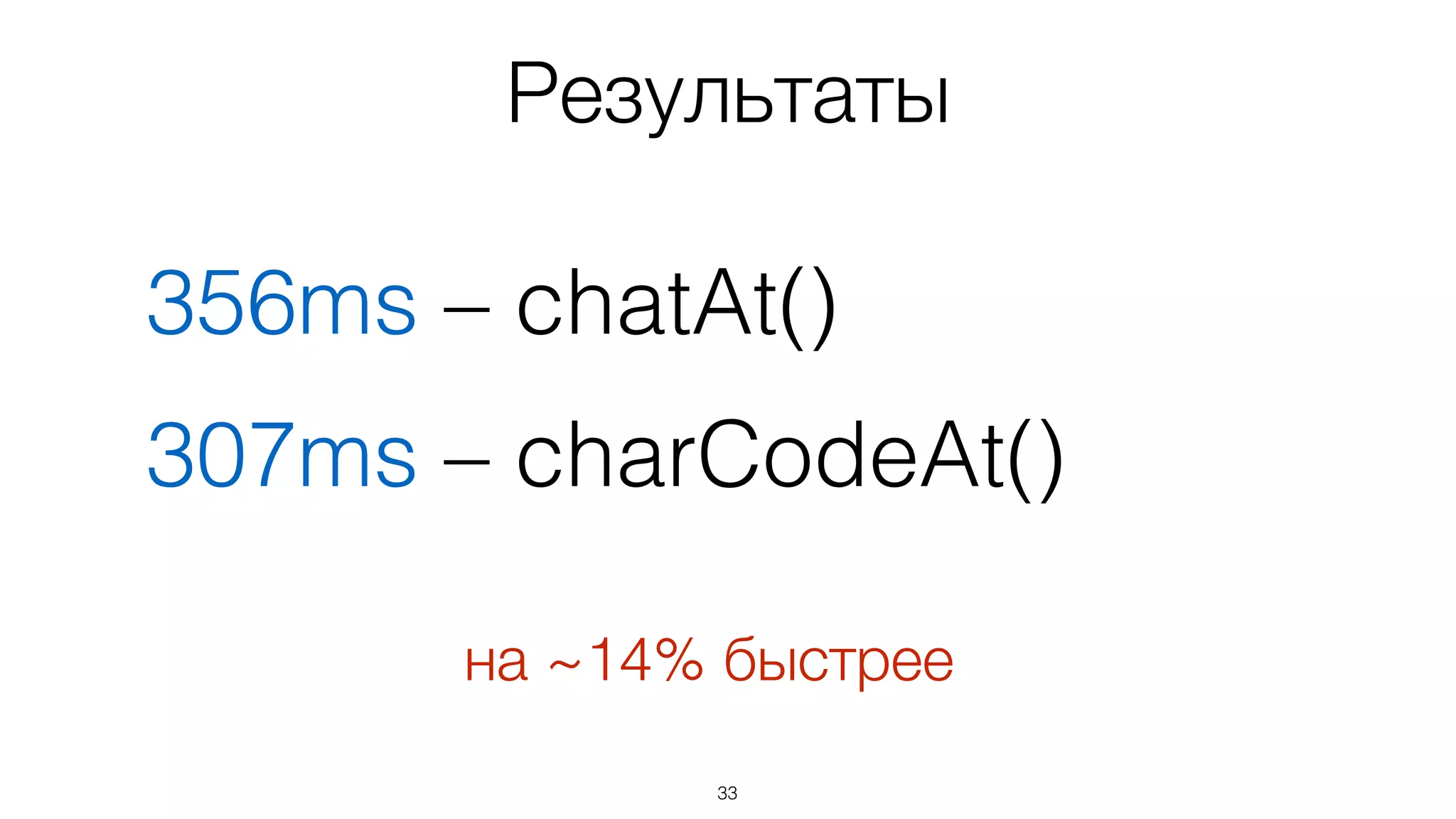33
356ms – chatAt()
307ms – charCodeAt()
Результаты
на ~14% быстрее
 