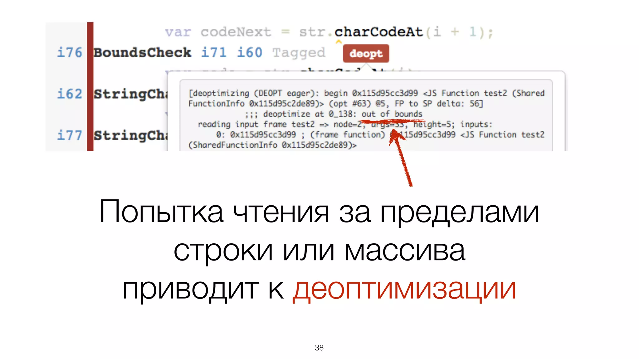 38
Попытка чтения за пределами  
строки или массива  
приводит к деоптимизации
 