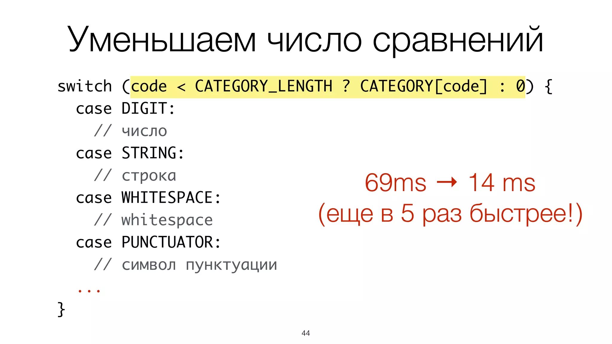 44
switch (code < CATEGORY_LENGTH ? CATEGORY[code] : 0) {
case DIGIT:
// число
case STRING:
// строка
case WHITESPACE:
// whitespace
case PUNCTUATOR:
// символ пунктуации
...
}
Уменьшаем число сравнений
69ms → 14 ms
(еще в 5 раз быстрее!)
 