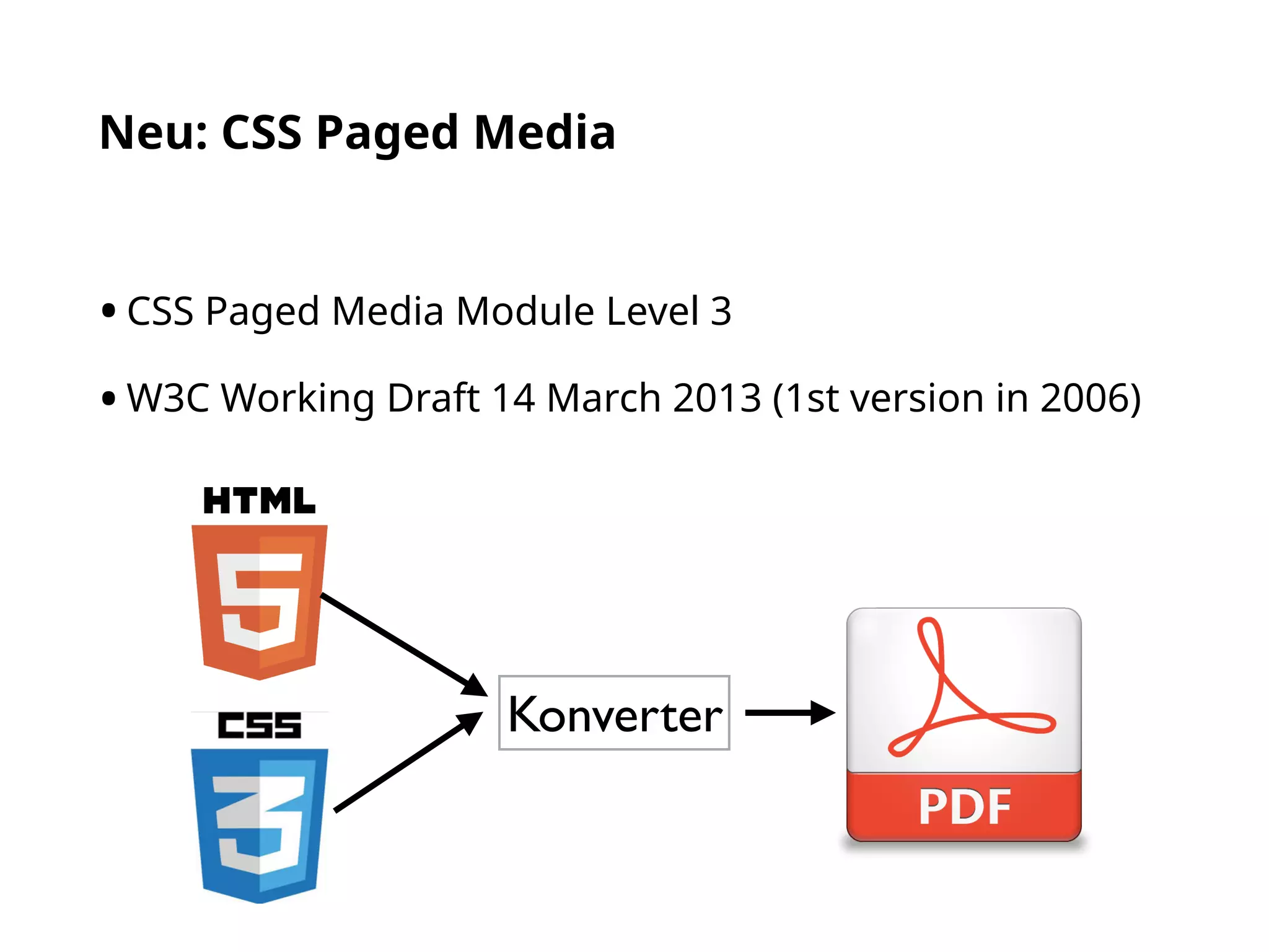 Neu: CSS Paged Media
•CSS Paged Media Module Level 3
•W3C Working Draft 14 March 2013 (1st version in 2006)
Konverter
 