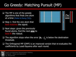 The core idea: while few (L out of K) atoms can be merged        to form the true signal, the noise cannot be fitted well. Thus, we obtain an effective projection of the noise onto a very         low-dimensional space, thus getting denoising effect. Sparse and Redundant Representation Modeling of Signals – Theory and Applications By: Michael Elad