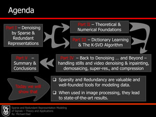 3AgendaPart II – Theoretical & Numerical FoundationsPart I – Denoising by Sparse & Redundant RepresentationsPart III – Dictionary Learning         & The K-SVD Algorithm Part IV 	– Back to Denoising … and Beyond – handling stills and video denoising & inpainting, demosaicing, super-res., and compressionPart V	–Summary & ConclusionsSparsity and Redundancy are valuable and well-founded tools for modeling data. 