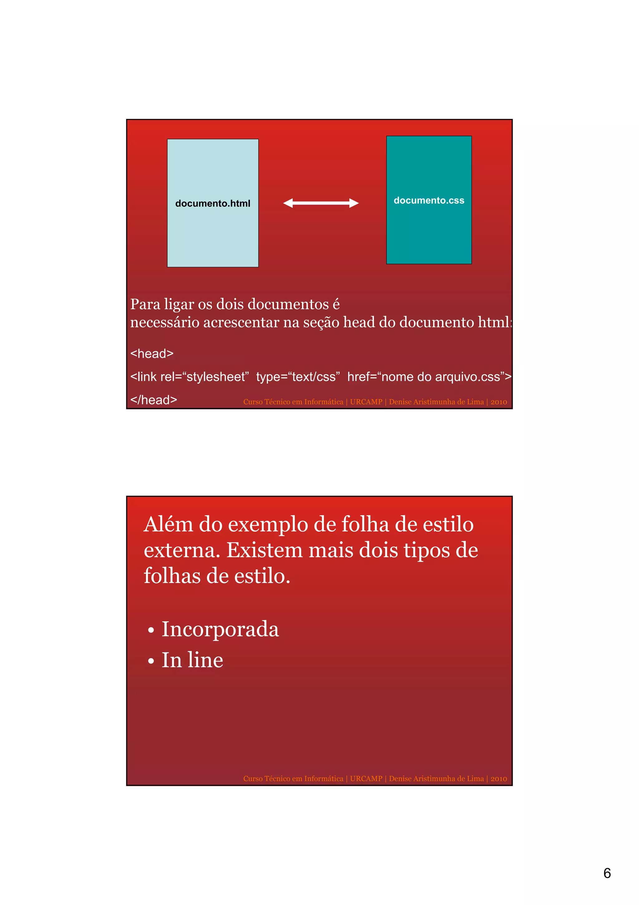 documento.html                                       documento.css




Para ligar os dois documentos é
necessário acrescentar na seção head do documento html:

<head>
<link rel=“stylesheet” type=“text/css” href=“nome do arquivo.css”>
</head>              Curso Técnico em Informática | URCAMP | Denise Aristimunha de Lima | 2010




  Além do exemplo de folha de estilo
  externa. Existem mais dois tipos de
  folhas de estilo.

  • Incorporada
  • In line




                     Curso Técnico em Informática | URCAMP | Denise Aristimunha de Lima | 2010




                                                                                                 6
 