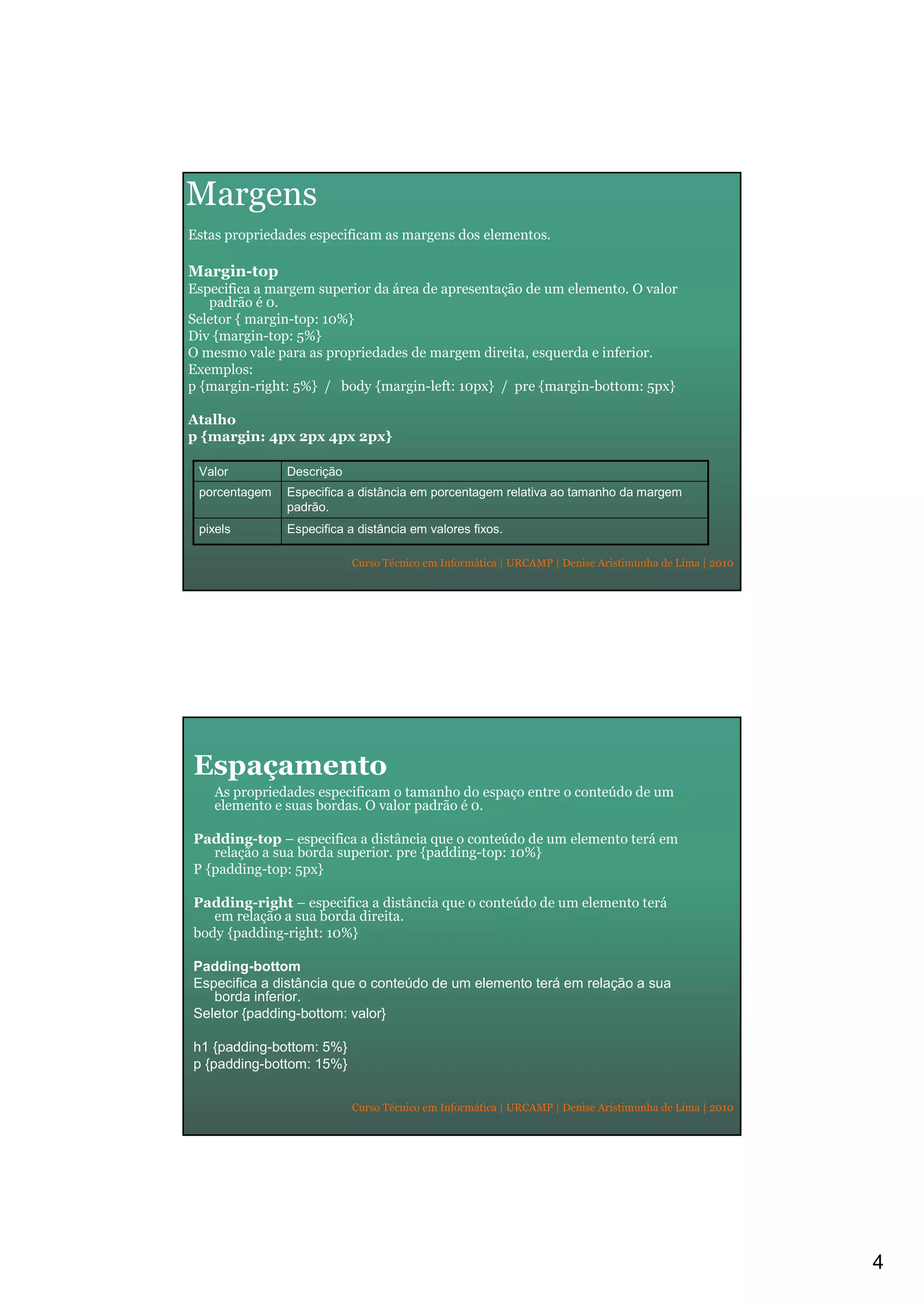 4
Curso Técnico em Informática | URCAMP | Denise Aristimunha de Lima | 2010
Margens
Estas propriedades especificam as margens dos elementos.
Margin-top
Especifica a margem superior da área de apresentação de um elemento. O valor
padrão é 0.
Seletor { margin-top: 10%}
Div {margin-top: 5%}
O mesmo vale para as propriedades de margem direita, esquerda e inferior.
Exemplos:
p {margin-right: 5%} / body {margin-left: 10px} / pre {margin-bottom: 5px}
Atalho
p {margin: 4px 2px 4px 2px}
Especifica a distância em valores fixos.pixels
Especifica a distância em porcentagem relativa ao tamanho da margem
padrão.
porcentagem
DescriçãoValor
Curso Técnico em Informática | URCAMP | Denise Aristimunha de Lima | 2010
Espaçamento
As propriedades especificam o tamanho do espaço entre o conteúdo de um
elemento e suas bordas. O valor padrão é 0.
Padding-top – especifica a distância que o conteúdo de um elemento terá em
relação a sua borda superior. pre {padding-top: 10%}
P {padding-top: 5px}
Padding-right – especifica a distância que o conteúdo de um elemento terá
em relação a sua borda direita.
body {padding-right: 10%}
Padding-bottom
Especifica a distância que o conteúdo de um elemento terá em relação a sua
borda inferior.
Seletor {padding-bottom: valor}
h1 {padding-bottom: 5%}
p {padding-bottom: 15%}
 