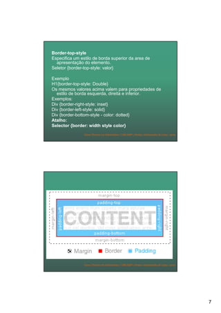 7
Curso Técnico em Informática | URCAMP | Denise Aristimunha de Lima | 2010
Border-top-style
Especifica um estilo de borda superior da area de
apresentação do elemento.
Seletor {border-top-style: valor}
Exemplo
H1{border-top-style: Double}
Os mesmos valores acima valem para propriedades de
estilo de borda esquerda, direita e inferior.
Exemplos:
Div {border-right-style: inset}
Div {border-left-style: solid}
Div {border-bottom-style - color: dotted}
Atalho:
Selector {border: width style color}
Curso Técnico em Informática | URCAMP | Denise Aristimunha de Lima | 2010
 