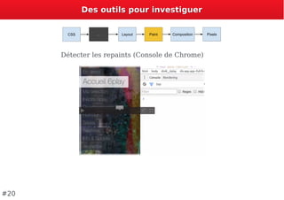 Des outils pour investiguerDes outils pour investiguer
Détecter les repaints (Console de Chrome)
#20
0:000:00
 
