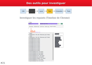 Des outils pour investiguerDes outils pour investiguer
Investiguer les repaints (Timeline de Chrome)
#21
 