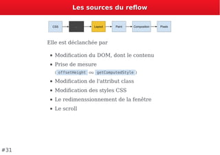 Les sources du reﬂowLes sources du reﬂow
Elle est déclanchée par
Modiﬁcation du DOM, dont le contenu
Prise de mesure
( offsetHeight ou getComputedStyle )
Modiﬁcation de l'attribut class
Modiﬁcation des styles CSS
Le redimenssionnement de la fenêtre
Le scroll
#31
 