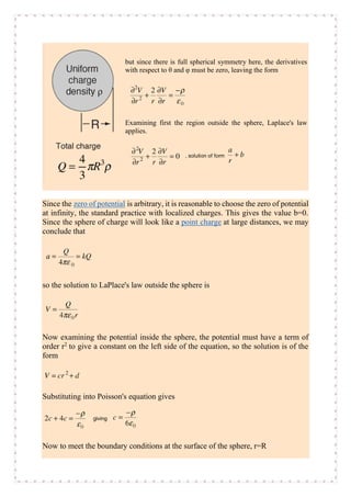 but since there is full spherical symmetry here, the derivatives
with respect to θ and φ must be zero, leaving the form
Examining first the region outside the sphere, Laplace's law
applies.
Since the zero of potential is arbitrary, it is reasonable to choose the zero of potential
at infinity, the standard practice with localized charges. This gives the value b=0.
Since the sphere of charge will look like a point charge at large distances, we may
conclude that
so the solution to LaPlace's law outside the sphere is
Now examining the potential inside the sphere, the potential must have a term of
order r2
to give a constant on the left side of the equation, so the solution is of the
form
Substituting into Poisson's equation gives
Now to meet the boundary conditions at the surface of the sphere, r=R
 