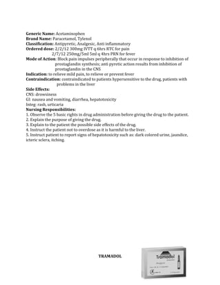 Generic Name: Acetaminophen
Brand Name: Paracetamol, Tylenol
Classification: Antipyretic, Analgesic, Anti inflammatory
Ordered dose: 2/2/12 300mg IVTT q 6hrs RTC for pain
                 2/7/12 250mg/5ml 5ml q 4hrs PRN for fever
Mode of Action: Block pain impulses peripherally that occur in response to inhibition of
                   prostaglandin synthesis; anti pyretic action results from inhibition of
                   prostaglandin in the CNS
Indication: to relieve mild pain, to relieve or prevent fever
Contraindication: contraindicated to patients hypersensitive to the drug, patients with
                    problems in the liver
Side Effects:
CNS: drowsiness
GI: nausea and vomiting, diarrhea, hepatotoxicity
Integ: rash, urticaria
Nursing Responsibilities:
1. Observe the 5 basic rights in drug administration before giving the drug to the patient.
2. Explain the purpose of giving the drug.
3. Explain to the patient the possible side effects of the drug.
4. Instruct the patient not to overdose as it is harmful to the liver.
5. Instruct patient to report signs of hepatotoxicity such as: dark colored urine, jaundice,
icteric sclera, itching.




                                        TRAMADOL
 