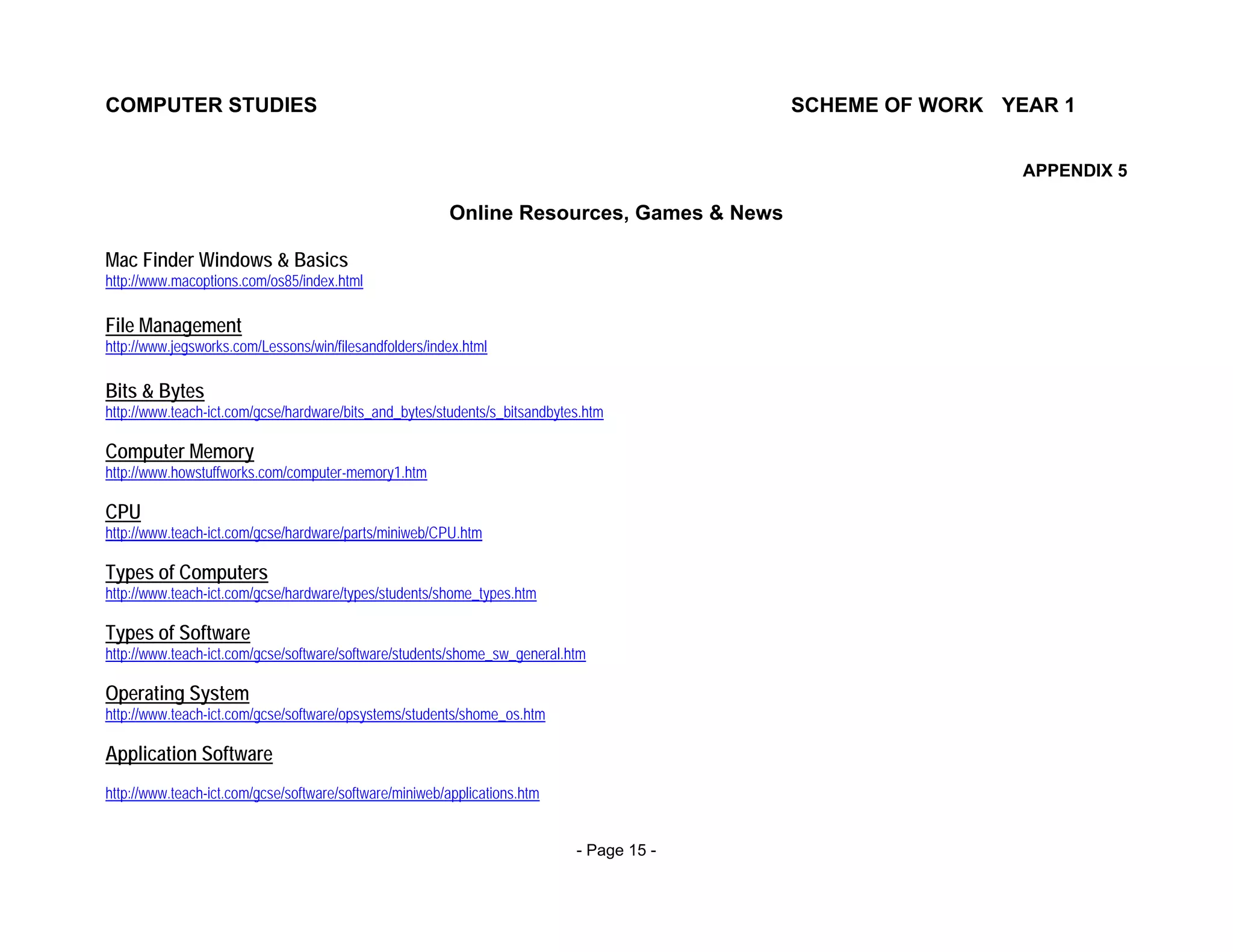 COMPUTER STUDIES                                                                          SCHEME OF WORK YEAR 1


                                                                                                           APPENDIX 5

                                                         Online Resources, Games & News

Mac Finder Windows & Basics
http://www.macoptions.com/os85/index.html

File Management
http://www.jegsworks.com/Lessons/win/filesandfolders/index.html

Bits & Bytes
http://www.teach-ict.com/gcse/hardware/bits_and_bytes/students/s_bitsandbytes.htm

Computer Memory
http://www.howstuffworks.com/computer-memory1.htm

CPU
http://www.teach-ict.com/gcse/hardware/parts/miniweb/CPU.htm

Types of Computers
http://www.teach-ict.com/gcse/hardware/types/students/shome_types.htm

Types of Software
http://www.teach-ict.com/gcse/software/software/students/shome_sw_general.htm

Operating System
http://www.teach-ict.com/gcse/software/opsystems/students/shome_os.htm

Application Software
http://www.teach-ict.com/gcse/software/software/miniweb/applications.htm


                                                                            - Page 15 -
 