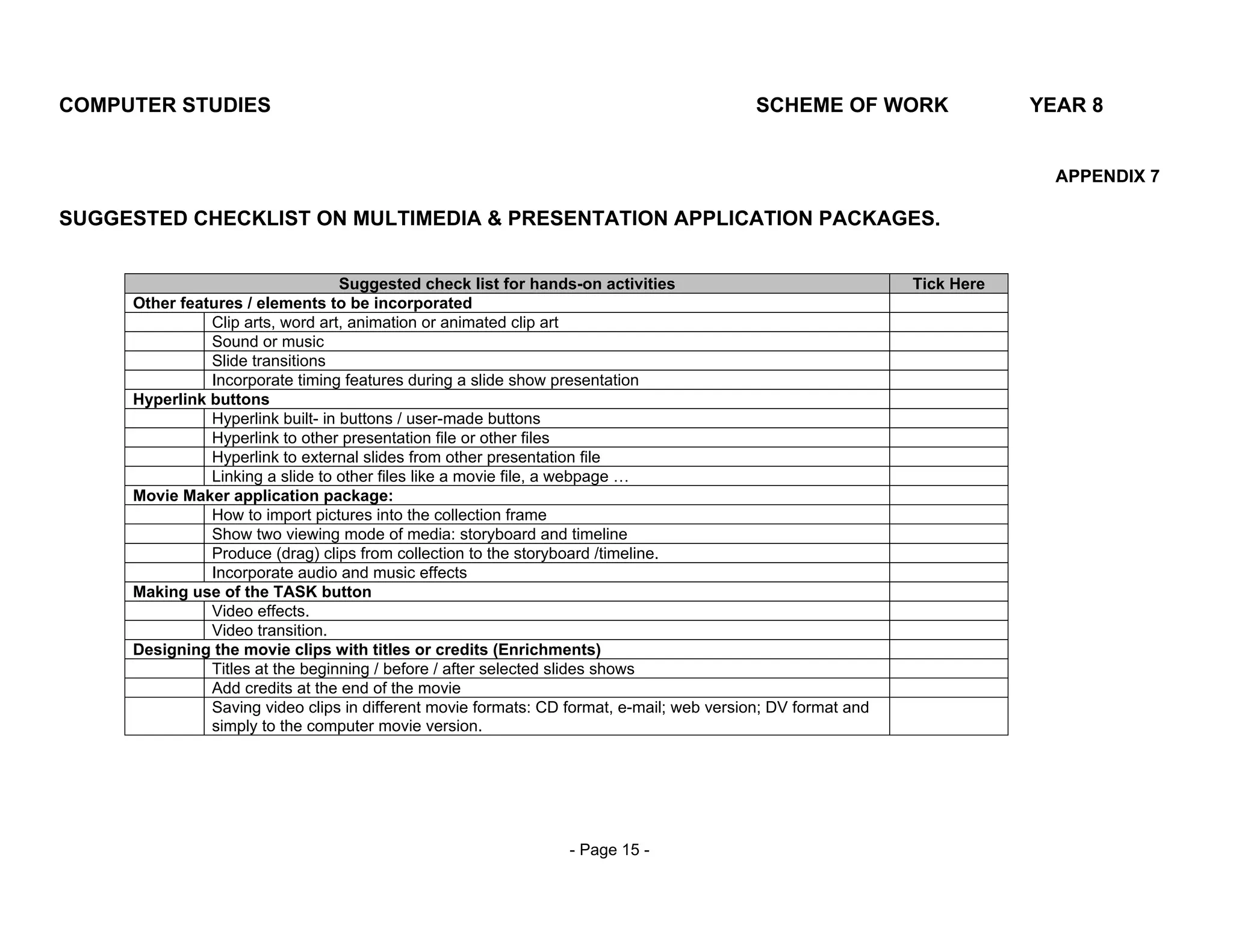 COMPUTER STUDIES                                                                           SCHEME OF WORK                 YEAR 8


                                                                                                                            APPENDIX 7

SUGGESTED CHECKLIST ON MULTIMEDIA & PRESENTATION APPLICATION PACKAGES.


                                   Suggested check list for hands-on activities                               Tick Here
     Other features / elements to be incorporated
               Clip arts, word art, animation or animated clip art
               Sound or music
               Slide transitions
               Incorporate timing features during a slide show presentation
     Hyperlink buttons
               Hyperlink built- in buttons / user-made buttons
               Hyperlink to other presentation file or other files
               Hyperlink to external slides from other presentation file
               Linking a slide to other files like a movie file, a webpage …
     Movie Maker application package:
               How to import pictures into the collection frame
               Show two viewing mode of media: storyboard and timeline
               Produce (drag) clips from collection to the storyboard /timeline.
               Incorporate audio and music effects
     Making use of the TASK button
               Video effects.
               Video transition.
     Designing the movie clips with titles or credits (Enrichments)
               Titles at the beginning / before / after selected slides shows
               Add credits at the end of the movie
               Saving video clips in different movie formats: CD format, e-mail; web version; DV format and
               simply to the computer movie version.




                                                                 - Page 15 -
 