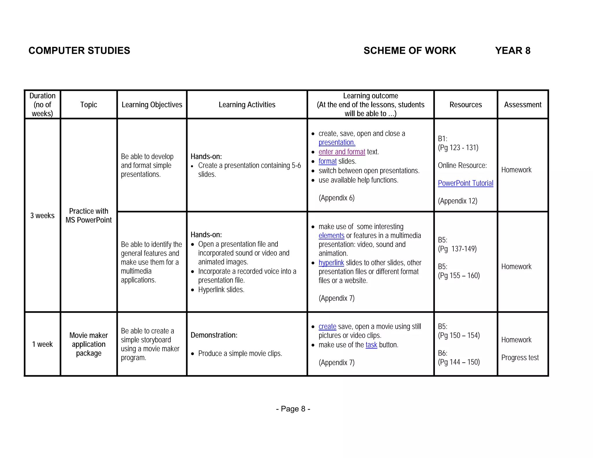 COMPUTER STUDIES                                                                                                     SCHEME OF WORK                                 YEAR 8



Duration                                                                                                     Learning outcome
 (no of        Topic        Learning Objectives                Learning Activities                  (At the end of the lessons, students          Resources          Assessment
 weeks)                                                                                                       will be able to …)

                                                                                                  • create, save, open and close a
                                                                                                    presentation.                             B1:
                                                                                                                                              (Pg 123 - 131)
                                                                                                  • enter and format text.
                            Be able to develop        Hands-on:
                                                                                                  • format slides.
                            and format simple         • Create a presentation containing 5-6                                                  Online Resource:
                                                                                                  • switch between open presentations.                               Homework
                            presentations.              slides.
                                                                                                  • use available help functions.             PowerPoint Tutorial
                                                                                                    (Appendix 6)                              (Appendix 12)
            Practice with
3 weeks
           MS PowerPoint
                                                                                                  • make use of some interesting
                                                      Hands-on:                                     elements or features in a multimedia
                                                                                                                                              B5:
                            Be able to identify the   • Open a presentation file and                presentation: video, sound and
                                                                                                                                              (Pg 137-149)
                            general features and        incorporated sound or video and             animation.
                            make use them for a         animated images.                          • hyperlink slides to other slides, other
                                                                                                                                              B5:                    Homework
                            multimedia                • Incorporate a recorded voice into a         presentation files or different format
                                                                                                                                              (Pg 155 – 160)
                            applications.               presentation file.                          files or a website.
                                                      • Hyperlink slides.
                                                                                                    (Appendix 7)


                                                                                                  • create save, open a movie using still     B5:
                            Be able to create a
            Movie maker                               Demonstration:                                pictures or video clips.                  (Pg 150 – 154)
                            simple storyboard                                                                                                                        Homework
1 week      application                                                                           • make use of the task button.
                            using a movie maker
             package                                  • Produce a simple movie clips.                                                         B6:
                            program.                                                                                                                                 Progress test
                                                                                                    (Appendix 7)                              (Pg 144 – 150)




                                                                                     - Page 8 -
 