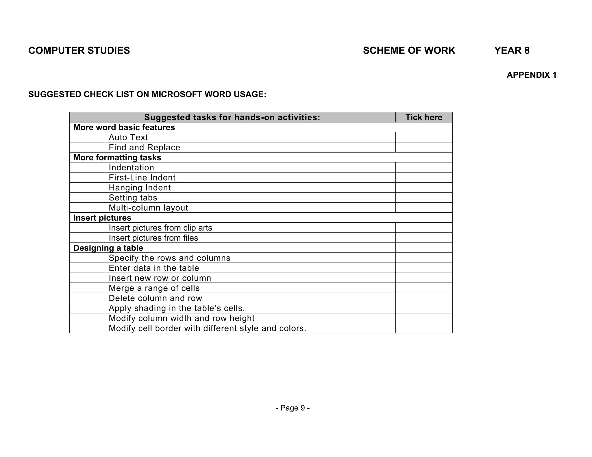 COMPUTER STUDIES                                                        SCHEME OF WORK    YEAR 8

                                                                                            APPENDIX 1

SUGGESTED CHECK LIST ON MICROSOFT WORD USAGE:

                             Suggested tasks for hands-on activities:         Tick here
        More word basic features
                  Auto Text
                  Find and Replace
        More formatting tasks
                  Indentation
                  First-Line Indent
                  Hanging Indent
                  Setting tabs
                  Multi-column layout
        Insert pictures
                  Insert pictures from clip arts
                  Insert pictures from files
        Designing a table
                  Specify the rows and columns
                  Enter data in the table
                  Insert new row or column
                  Merge a range of cells
                  Delete column and row
                  Apply shading in the table’s cells.
                  Modify column width and row height
                  Modify cell border with different style and colors.




                                                         - Page 9 -
 